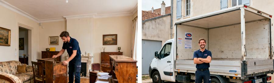 Professionnel du débarras évaluant des meubles à Mâcon et salon vide après le nettoyage, avec camion de débarras.