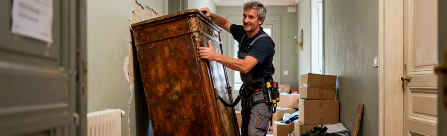 Un débarras professionnel à Athis-Mons, avec un expert manipulant un meuble ancien dans un couloir étroit.