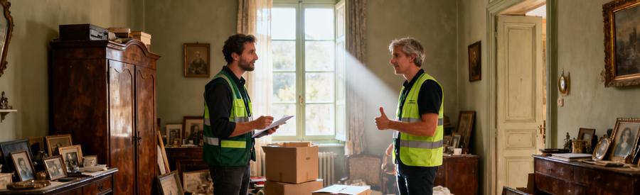 Deux professionnels évaluant une pièce encombrée d'une maison héritée au Territoire de Belfort.