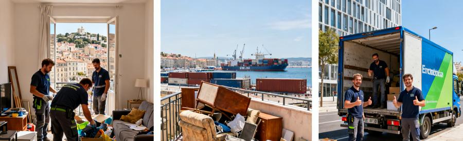 Professionnels du débarras à Marseille 2ème en action, tri et chargement d'objets divers dans un contexte urbain.
