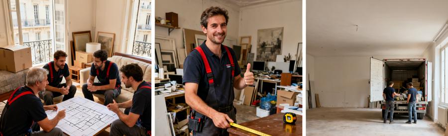 Équipe professionnelle évaluant et débarrassant un studio dans le 5ème arrondissement de Marseille, avant et après le service.