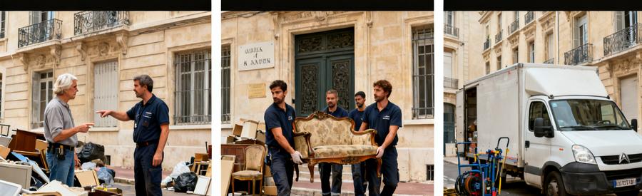 Professionnels du débarras à Marseille 8ème en train d'évaluer et de vider des objets pour un débarras efficace.