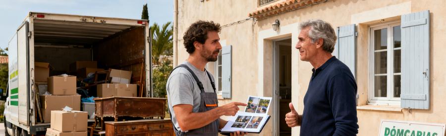 Professionnel du débarras à Martigues discutant avec un client dans un cadre typique de la région, dépôt d'objets à évacuer.