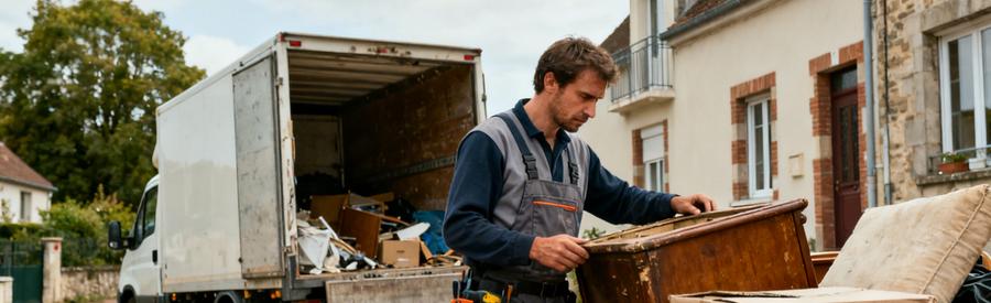Un débarras professionnel évalue des objets encombrants devant une maison en Meurthe-et-Moselle, illustrant l'importance d'une plateforme de choix.