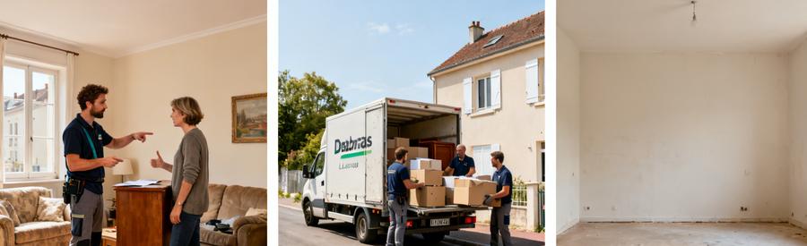 Professionnels du débarras interagissant avec des clients à Nancy, Laxou, et Villers-lès-Nancy, dans divers environnements.