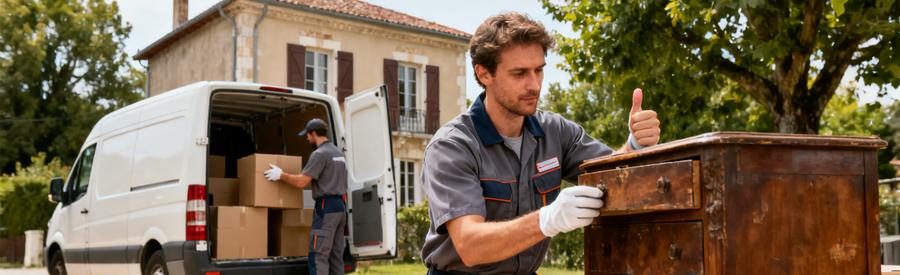 Professionnels du débarras à Meyzieu évaluant des meubles et cartons pour un débarras efficace.
