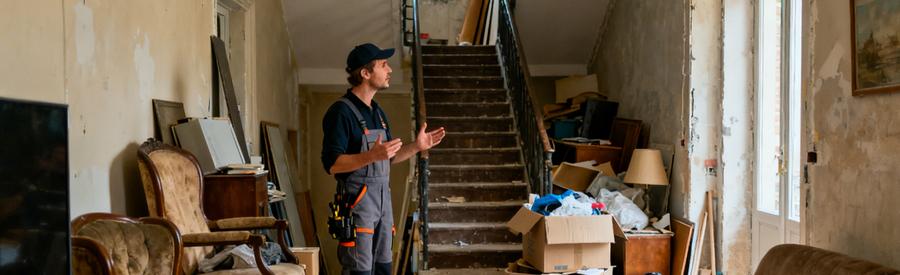 Un professionnel évaluant des meubles encombrants dans un salon à Montigny-lès-Metz, face à un escalier.