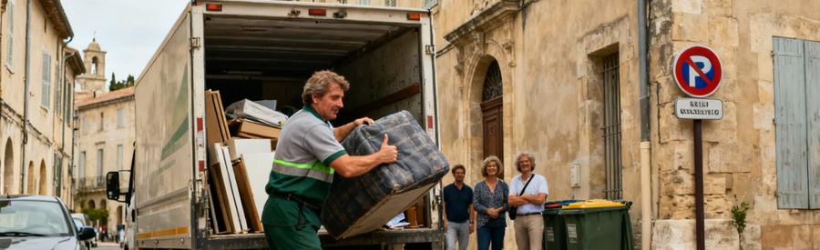 Un débarrasseur décharge des encombrants dans une rue étroite d'Orange, montrant les contraintes d'accès particulières.