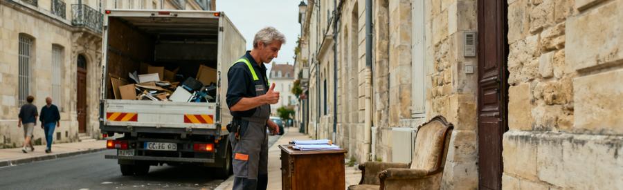 Une scène de débarras à Poitiers montrant un professionnel évaluant des meubles sur le trottoir.