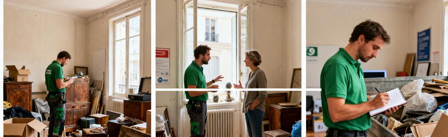 Un professionnel en débarras évalue les objets à Albi avec un client, montrant les étapes d'estimation et de tri.
