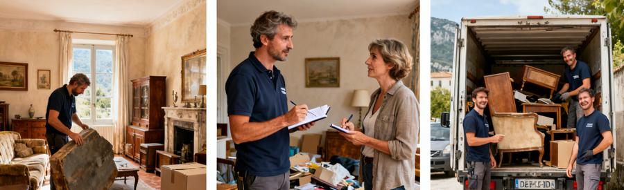 Processus de débarras en Alpes-de-Haute-Provence, évaluation, discussion et chargement des meubles par des professionnels.
