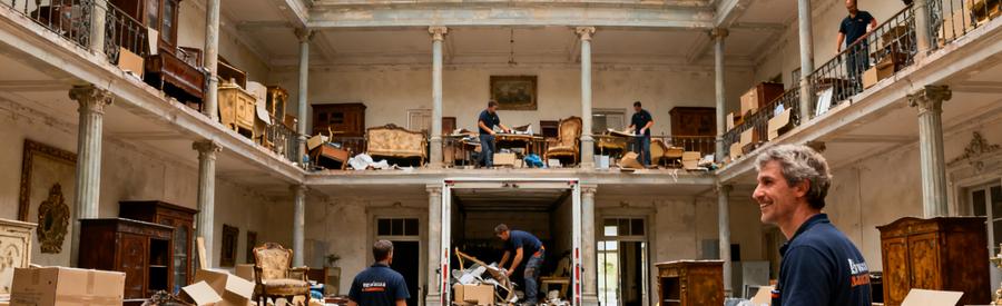 Professionnels du débarras travaillant dans un pavillon à Riom, notamment chargement de mobilier et cartons.