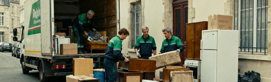 Débarras professionnel à Rouen avec agents triant des encombrants devant un camion, illustrant le recyclage.