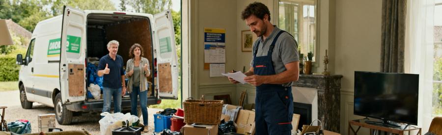Un professionnel du débarras à Vernon évalue des objets encombrants avec une camionnette prête à chargement.
