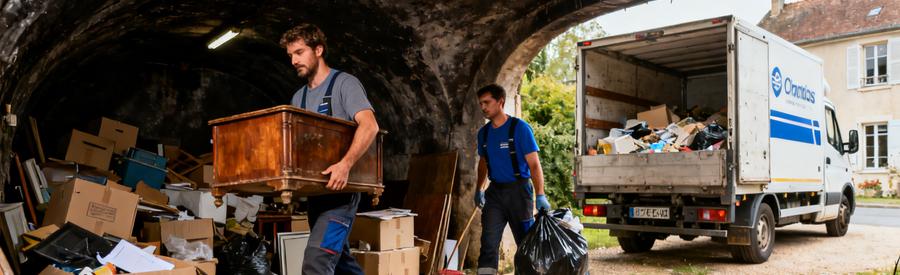 Scène d'un débarras professionnel à Vesoul avec des débarrasateurs nettoyant une cave et un camion en attente.