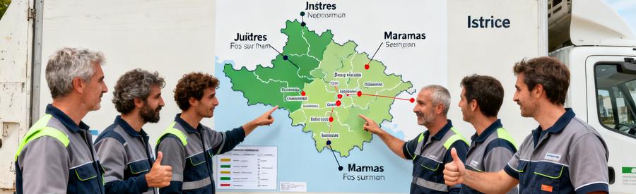 Débarras professionnels discutant devant un camion, carte des zones en arrière-plan, Istres et communes voisines.
