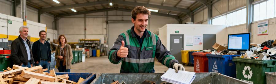 Un débarras responsable à Besançon dans une déchèterie, avec un professionnel triant des objets recyclables.