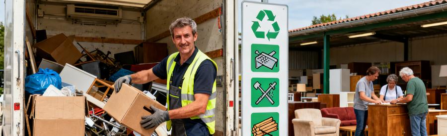 Professionnel du débarras triant des objets pour recyclage à Mont-de-Marsan, avec bénévoles inspectant des meubles en arrière-plan.