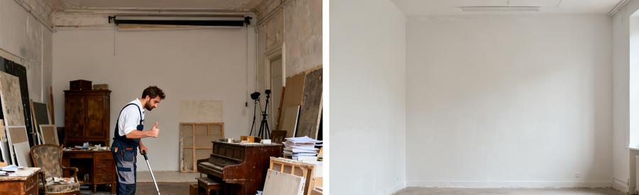Avant/après le débarras d'un studio à Ris-Orangis, montrant l'espace encombré puis libéré.