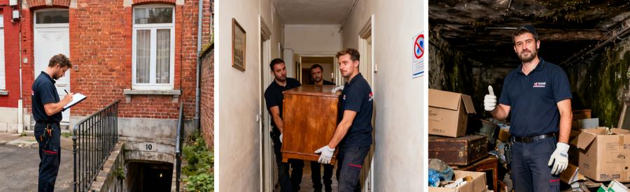 Débarras à Roubaix avec des professionnels examinant une maison de ville, chargeant des meubles étroits et triant dans une cave humide.