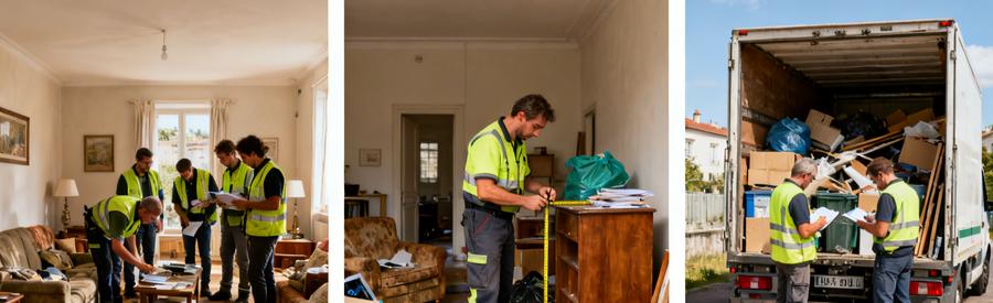 Trois étapes du débarras à Saint-Brieuc avec des professionnels examinant et évaluant des objets et une camionnette chargée.