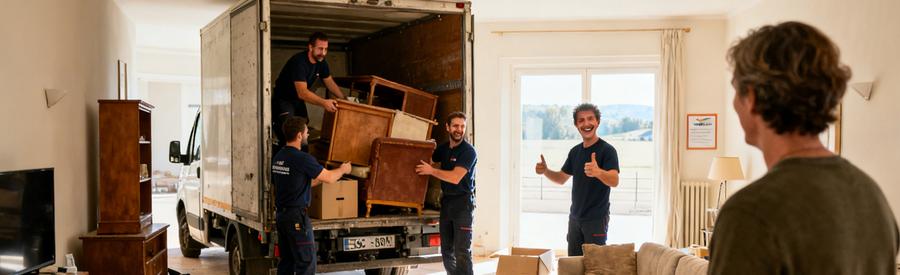 Équipe de débarrasseurs à Saint-Chamond chargent un camion avec meubles et cartons, transformation d'un salon en désordre.