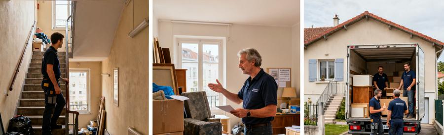 Inspection d'un débarras au 5ème étage, discussion sur des objets lourds, chargement d'un pavillon en toute simplicité.