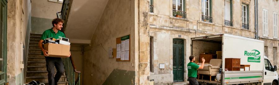 Débarrasseurs professionnels naviguant dans un immeuble ancien à Saint-Étienne, montrant leur expertise dans des espaces étroits.
