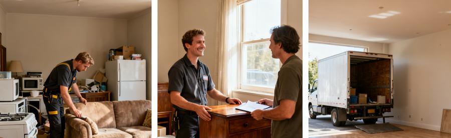 Une scène de débarras à Saint-Orens-de-Gameville montrant l'évaluation des meubles et la satisfaction d’un client dans un salon vidé.