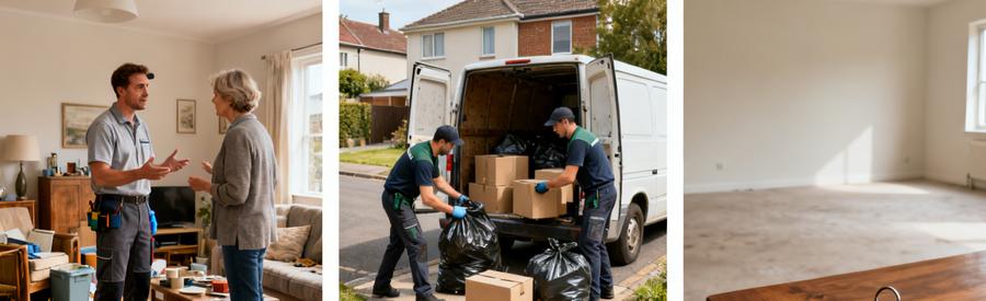 Débarras à Saint-Orens-de-Gameville en trois étapes avec discussion, chargement et espace libéré.