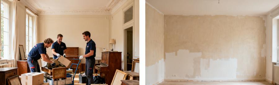 Équipe de débarras à Saint-Priest triant des meubles dans une maison spacieuse, avant et après l'intervention professionnelle.