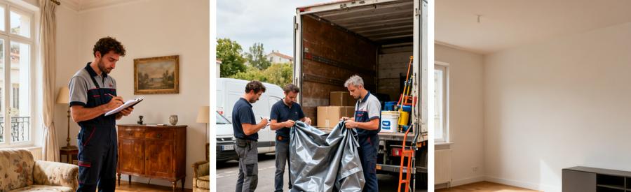 Débarrasseur évaluant des objets avant intervention, équipe préparant le camion, pièce vide après débarras.