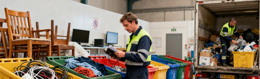 Un professionnel du débarras inspecte des objets à trier dans un atelier, prêt à les recycler à Saint-Sébastien-sur-Loire.