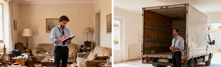 Un professionnel du débarras évaluant des meubles dans un salon à Agen avant et après l'intervention montrant un espace clair.