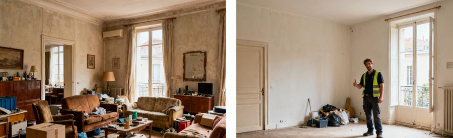 Comparaison avant/après d'un salon à Bayonne, montrant le processus de débarras par un professionnel.