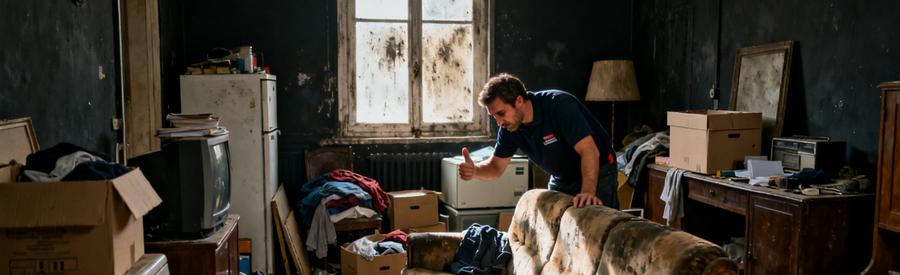 Un professionnel vérifie un canapé usé dans un salon encombré, symbolisant le débarras à Corbeil-Essonnes.