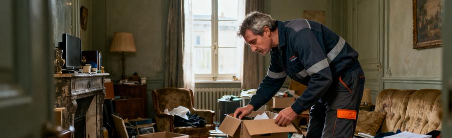 Un professionnel examine un salon encombré dans un logement de l'Eure, prêt à effectuer un débarras.