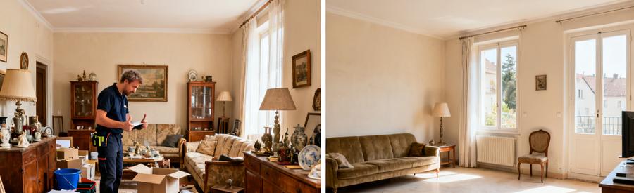 Avant et après d'un débarras à Sarreguemines, montrant un salon encombré et nettoyé par des professionnels.