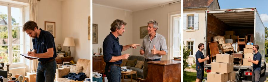 Déroulement d'un débarras en Sarthe avec évaluation, discussion et chargement des objets.