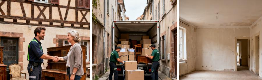 Professionnel du débarras à Sélestat impliqué dans une inspection et une équipe en action dans une ruelle étroite.
