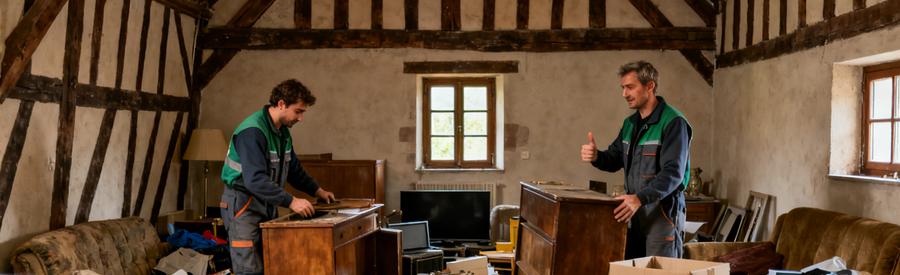 Débarras à Sélestat avec des professionnels triant des meubles dans un salon typique alsacien.