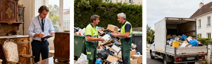 Débarrassage à Sèvres avec professionnels inspectant, triant et remplissant camionnette.