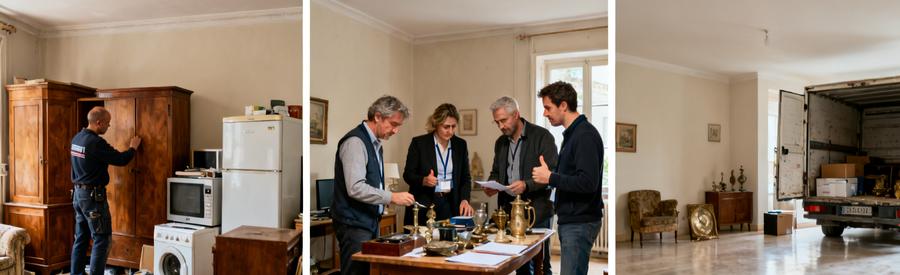 Débarrasseurs évaluant des objets à Seynod, trois étapes illustrées : inspection, discussion, et salon vide.