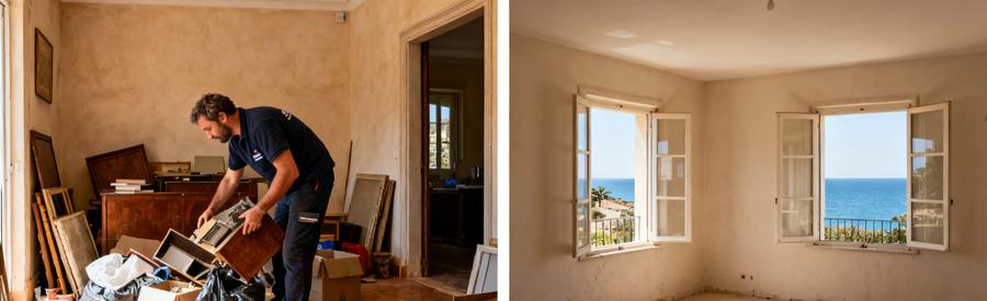 Scène avant et après débarras dans une villa à Six-Fours-les-Plages, montrant le tri des objets et l'espace dégagé.
