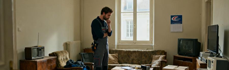 Un professionnel du débarras examine un salon encombré à Amiens, prêt à évaluer les objets à évacuer.