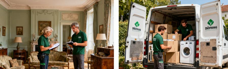 Deux professionnels du débarras évaluent des objets à Sotteville-lès-Rouen et chargent des cartons dans une camionnette.