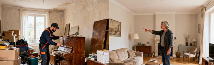 Un débarras professionnel examine des meubles dans un salon encombré avant d'intervenir, avec un client à ses côtés.