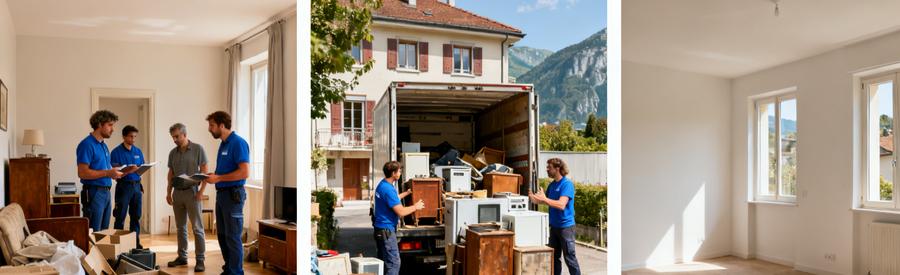 Professionnels du débarras à Thonon-les-Bains, évaluant, chargeant et finalisant un espace vidé pour une satisfaction client.