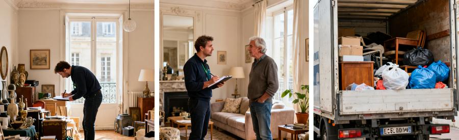 Évaluation d'un logement à Tours avec un débarras professionnel, réunion pour devis, et chargement d'objets dans un camion.