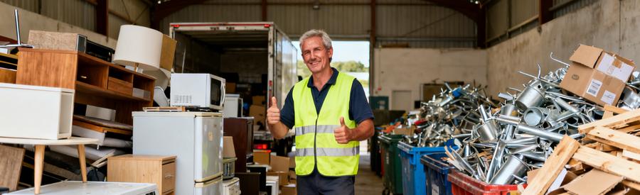 Professionnels triant des objets dans un entrepôt, montrant le processus de recyclage et de valorisation en Charente-Maritime.